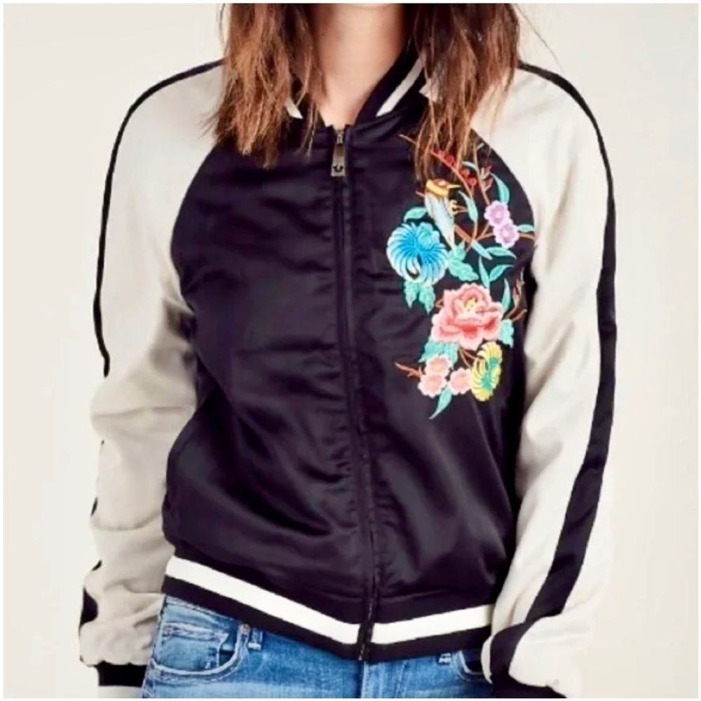 True Religion NWT Black Satin Embroidered Flower Bomber Jacket Size Small
